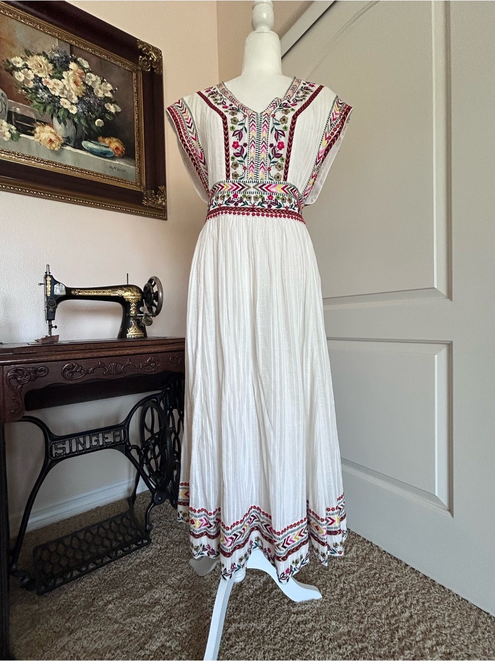 Sundance Margarita White Midi Dress with Pink, Green & Yellow Embroidery